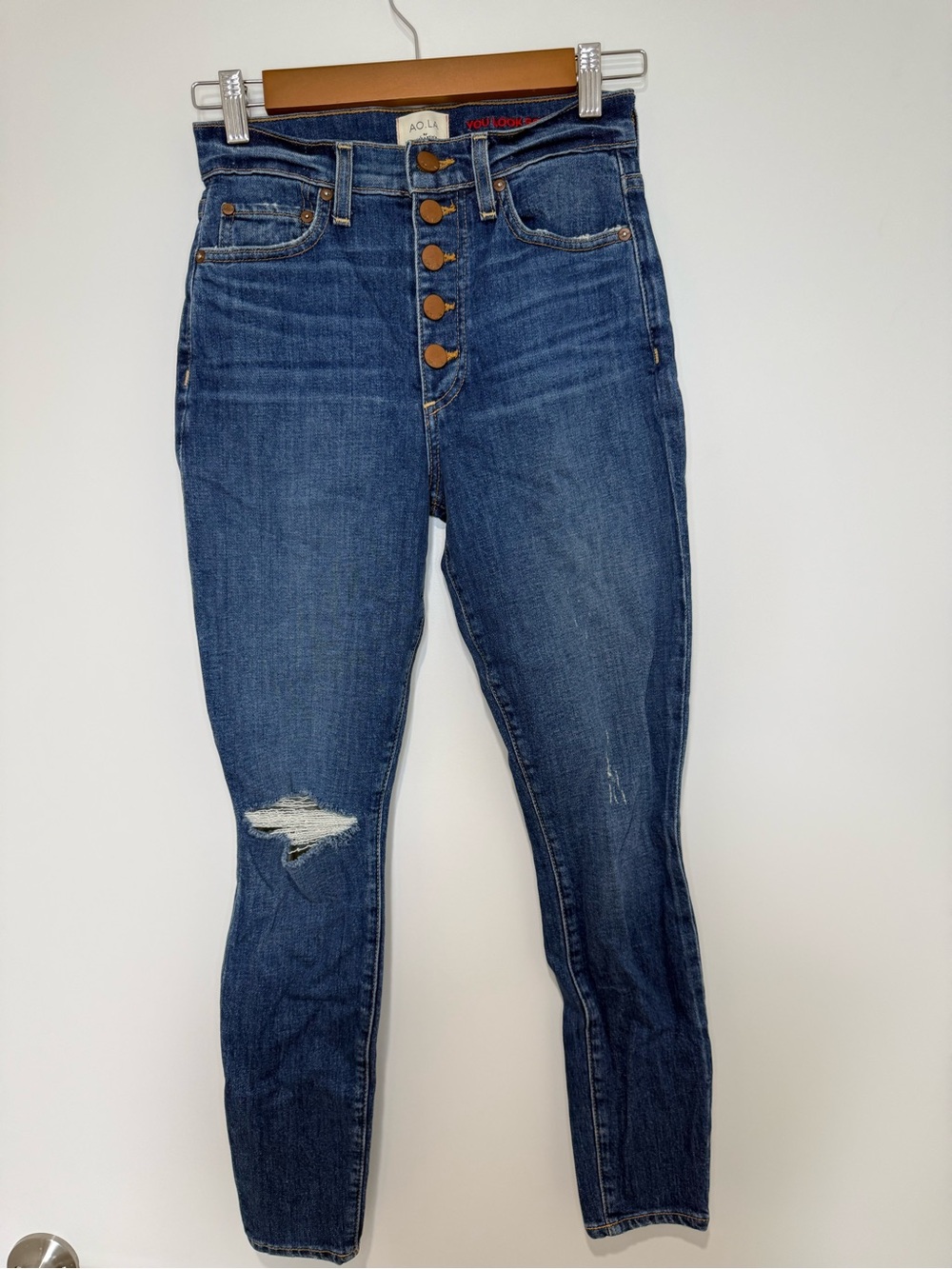 Alice + Olivia High-Rise Button-Fly Distressed Indigo Jeans